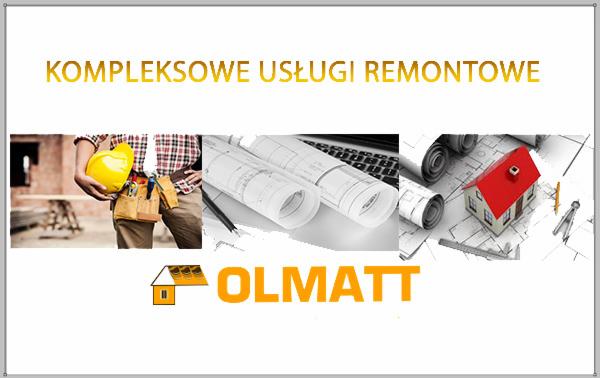 Kompozycja z grafikami: robotnik z narzędziami i kaskiem, plany architektoniczne na tle laptopa, model domu z czerwonym dachem; całość z napisem 'KOMPLEKSOWE USŁUGI REMONTOWE' i logo firmy 'OLMATT'.