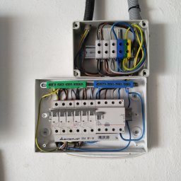 Kacper Siłakowski - Otwarta skrzynka elektryczna z bezpiecznikami, widoczne kolorowe przewody i listwy zaciskowe. Instalacja na białej ścianie, przewody w peszlu.