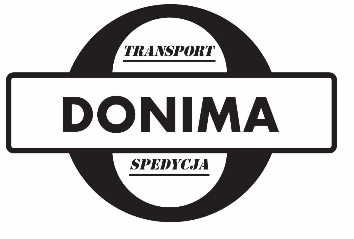 Czarno-białe logo firmy transportowej DONIMA z napisem TRANSPORT i SPEDYCJA w okręgu i prostokącie.