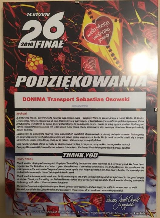 Plakat z podziękowaniami od Wielkiej Orkiestry Świątecznej Pomocy dla firmy DONIMA Transport Sebastian Osowski za wsparcie 26. finału WOŚP w 2018 roku, z motywem latawców z serduszkami.