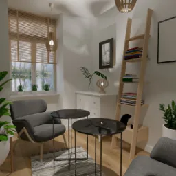 Wizualizacja pokoju dziennego z szarymi fotelami, czarnymi stolikami kawowymi, drewnianą drabinką-regałem z książkami i roślinami w doniczkach, oświetlonego drewnianymi lampami wiszącymi.