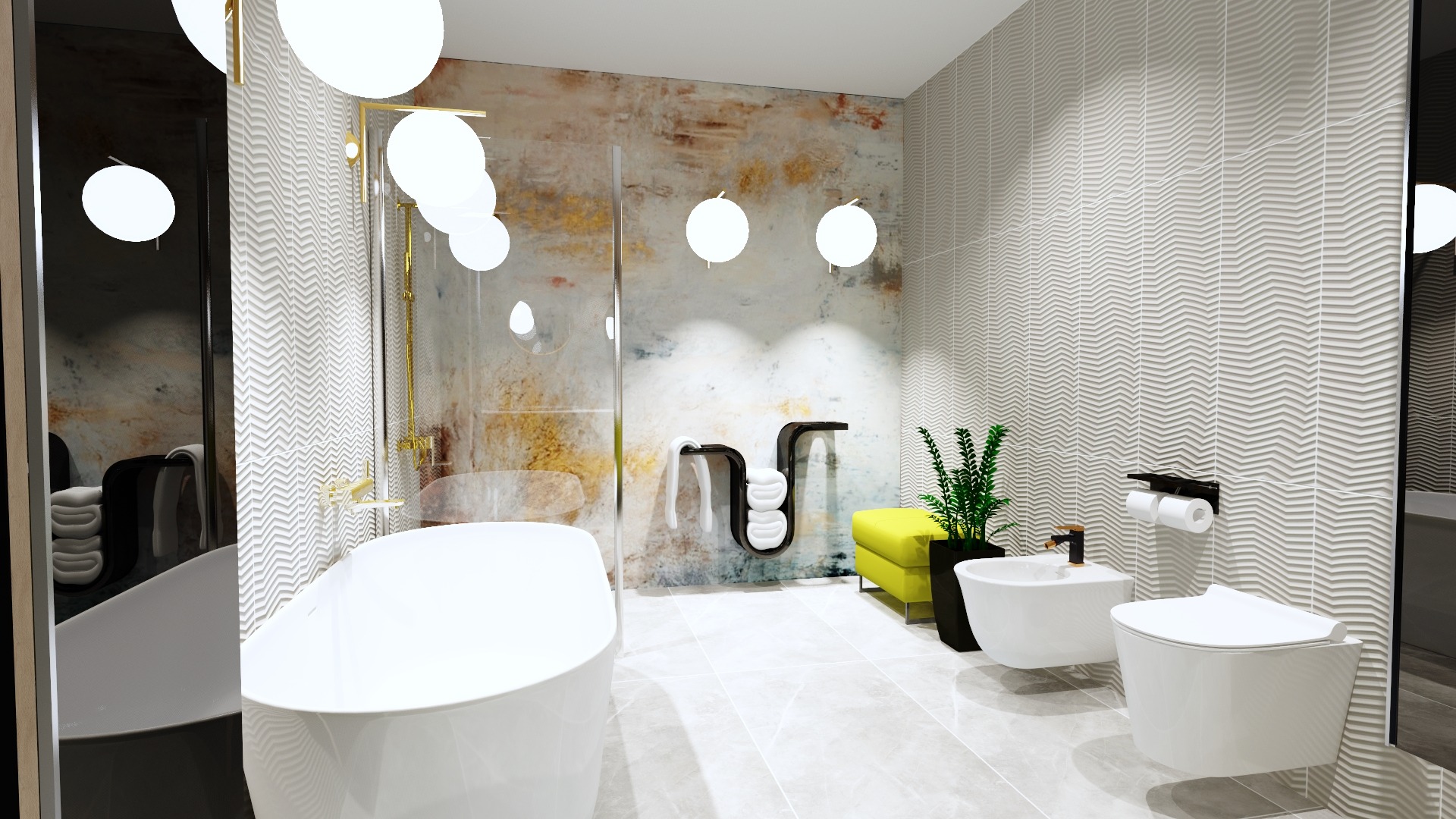 Nowoczesna łazienka z wolnostojącą wanną, bidetem i toaletą w minimalistycznym stylu, oświetlona kulistymi lampami, ściana z dekoracyjną fakturą w zygzaki.
