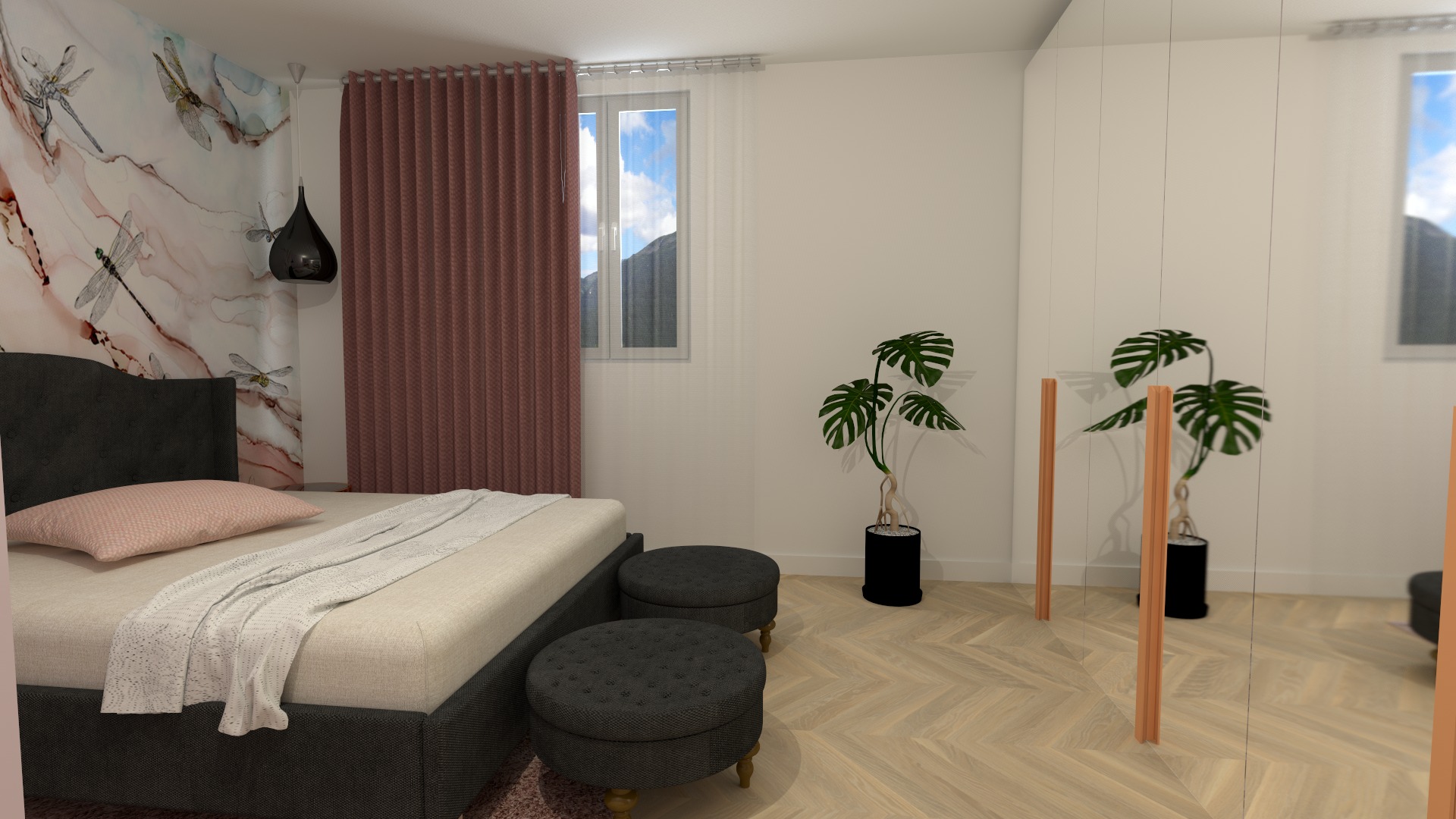 Wizualizacja sypialni z łóżkiem z szarą ramą, różową poduszką i narzutą, dwoma szarymi pufami, tapetą w motywy ważek i zasłonami w kolorze terakoty oraz rośliną Monstera w czarnej doniczce...