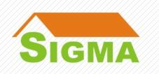 Logo firmy SIGMA z pomarańczowym dachem i zielonym napisem na białym tle z delikatnymi szarymi liniami.