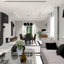 Wizualizacja salonu w stylu glamour z marmurową podłogą, kominkiem obłożonym czarnym marmurem, szarym narożnikiem z czarnymi poduszkami, szklanym stolikiem kawowym z dekoracyjną butelką i kwiatami...