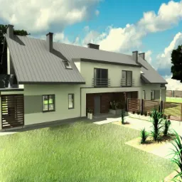 Wizualizacja dwukondygnacyjnego domu z szarą dachówką, drewnianymi elementami elewacji i ogrodzeniem, na tle zielonego trawnika i błękitnego nieba z chmurami; w lewym dolnym rogu czerwony napis...