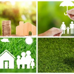 Kompozycja z czterech kadrów: monety i drewniany dom symbolizujące oszczędności, dłoń trzymająca parasol nad papierową rodziną, wycięta z papieru rodzina, dom i samochód na tle trawy, oraz mały...