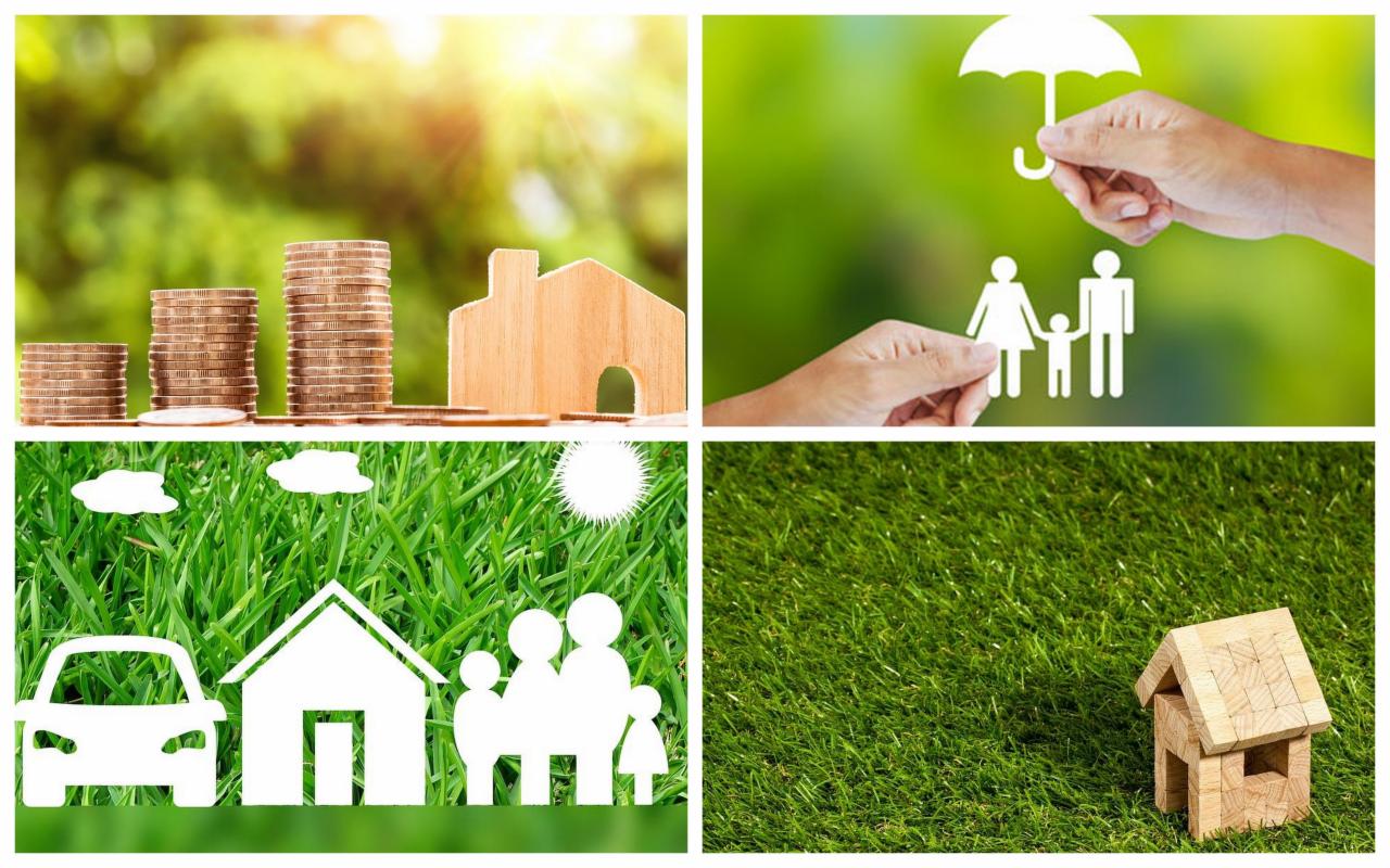 Kompozycja z czterech kadrów: monety i drewniany dom symbolizujące oszczędności, dłoń trzymająca parasol nad papierową rodziną, wycięta z papieru rodzina, dom i samochód na tle trawy, oraz mały...