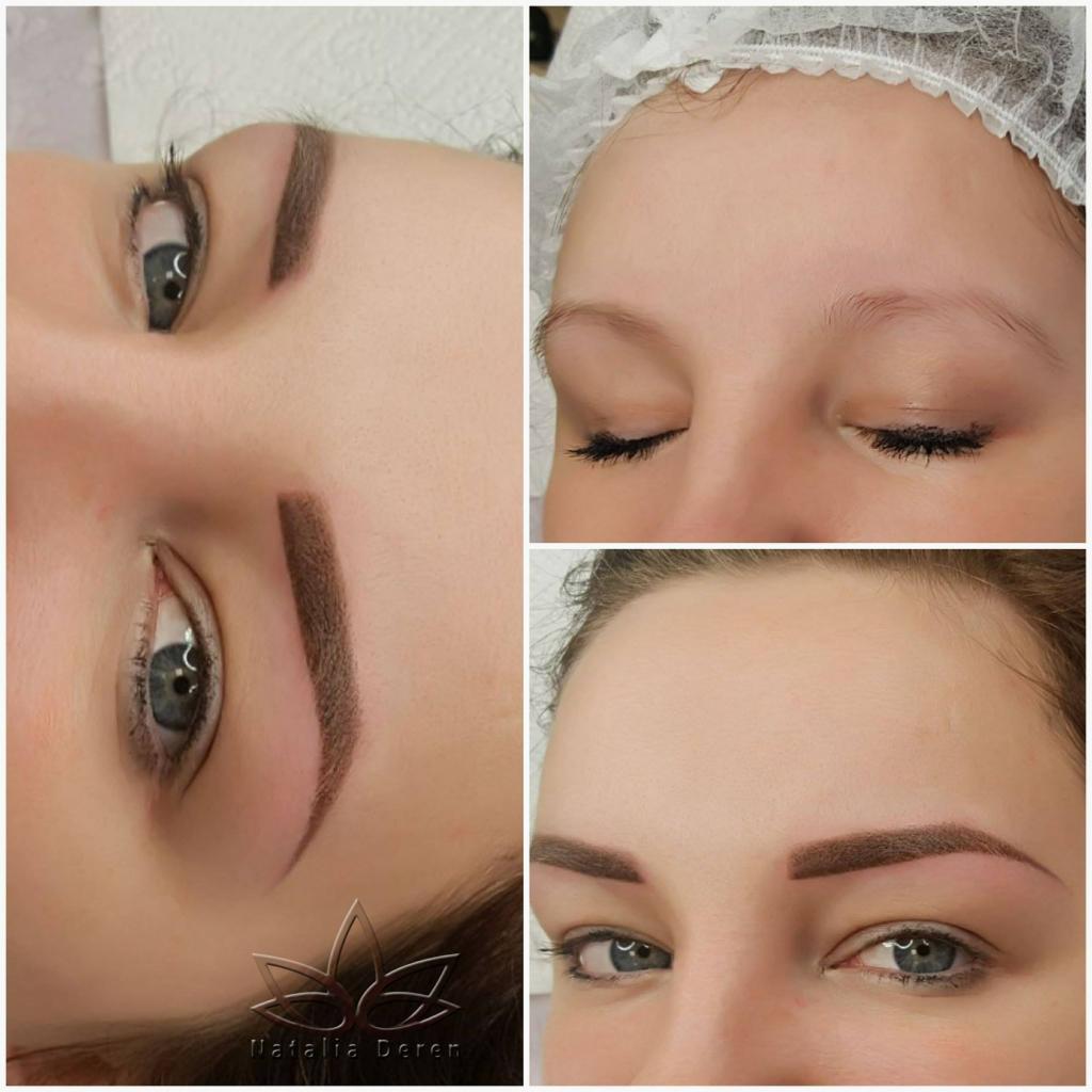 Prezentacja makijażu permanentnego brwi Powder Effect: zbliżenie na oko z widocznym efektem pudrowego cieniowania, ujęcie przed i po zabiegu na trzech różnych kadrach. Na jednym z kadrów widoczne...