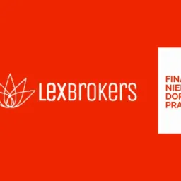 Logo firmy Lexbrokers na pomarańczowym tle, z białym symbolem kwiatu lotosu i napisem 'FINANSE NIERUCHOMOŚCI DORADZTWO PRAWNE' w prawym górnym rogu.