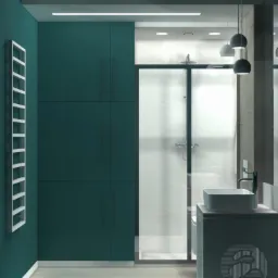 Wizualizacja łazienki z kabiną prysznicową, umywalką nablatową i szafkami w kolorze butelkowej zieleni, oświetlona wiszącymi lampami kulami.