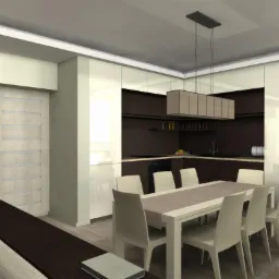 Wizualizacja nowoczesnej kuchni z jadalnią: ciemne szafki kuchenne, białe ściany i meble, stół z krzesłami, prostokątna lampa wisząca, obraz na ścianie, element sofy z ciemnym blatem.
