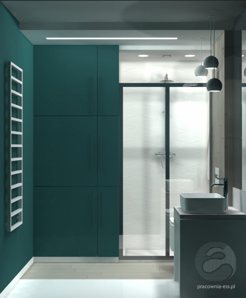 Wizualizacja łazienki z kabiną prysznicową, umywalką nablatową i szafkami w kolorze butelkowej zieleni, oświetlona wiszącymi lampami kulami.