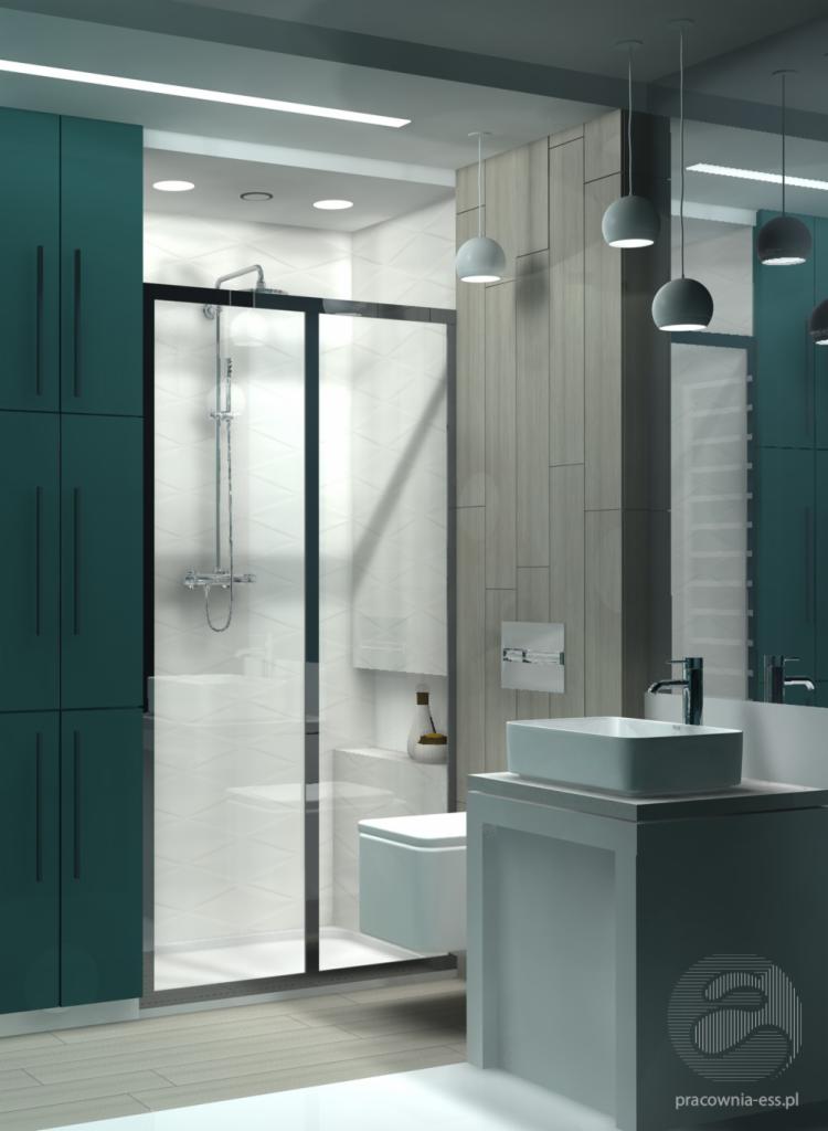 Wizualizacja nowoczesnej łazienki z kabiną prysznicową z czarnymi ramami, umywalką nablatową na szarym blacie, wiszącą toaletą i szafkami w kolorze butelkowej zieleni.