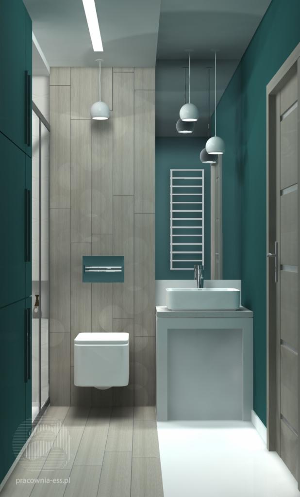 Wizualizacja nowoczesnej łazienki w Kostrzynie z toaletą podwieszaną, umywalką nablatową na szafce i grzejnikiem drabinkowym, oświetlona kulistymi lampami wiszącymi.