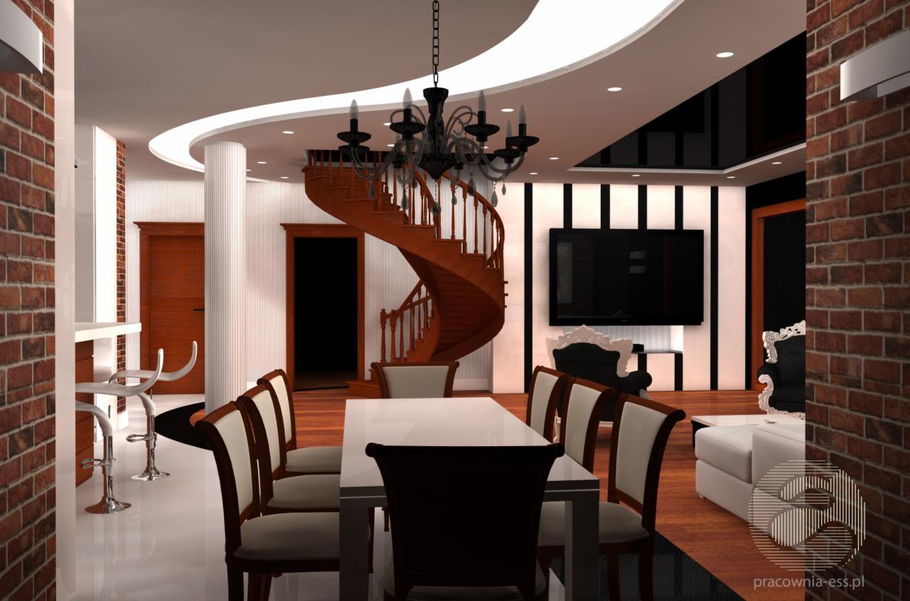 Wizualizacja przestronnego wnętrza z ceglaną ścianą, spiralnymi schodami z drewna i nowoczesnym oświetleniem, widok na stół jadalny z krzesłami, w tle telewizor i designerskie fotele.