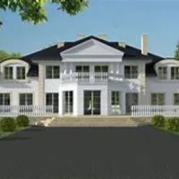 Wizualizacja dwukondygnacyjnego domu z białymi ścianami, czarnym dachem, kolumnami przy wejściu i balkonem, otoczonego zielenią.