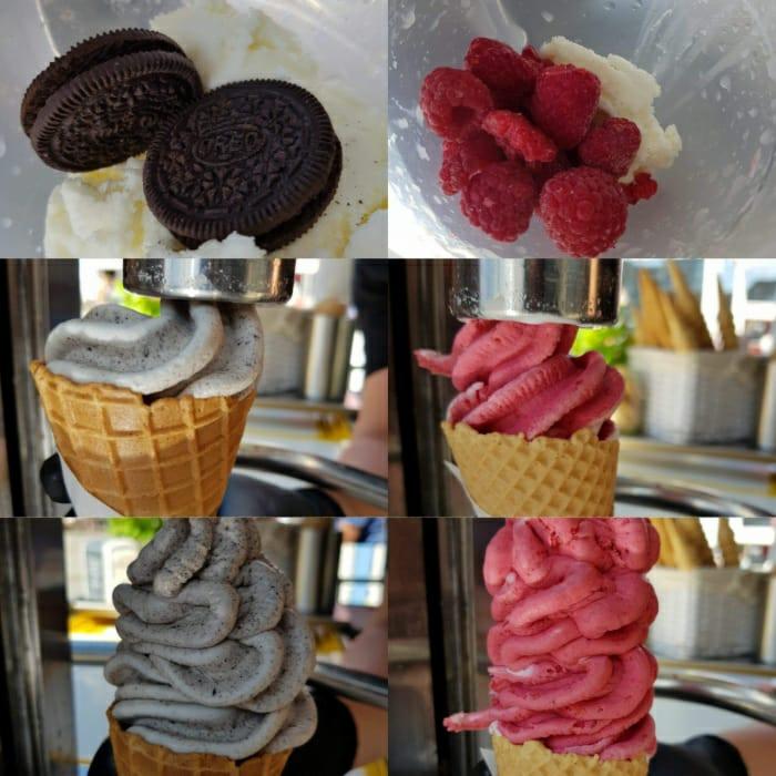 Kolaż przedstawiający proces przygotowywania lodów: Oreo i maliny jako składniki, lody kręcone w wafelkach, widoczne elementy wózka z lodami.