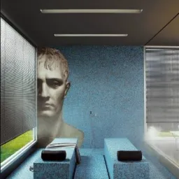 Nowoczesne wnętrze spa z mozaikową ścianą z wizerunkiem popiersia, dwoma leżankami z mozaiki i roletami okiennymi.