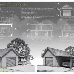 Projekt koncepcyjny domku gospodarczego z wiatą parkingową, zawierający rzuty i elewacje z wymiarami, prezentowany w formie wizualizacji 3D z elementami grafiki inżynierskiej.