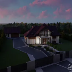 Wizualizacja domu z ogrodem i podjazdem oświetlonym punktowymi lampami, z widocznym ogrodzeniem i logo firmy Green Accent w prawym dolnym rogu.