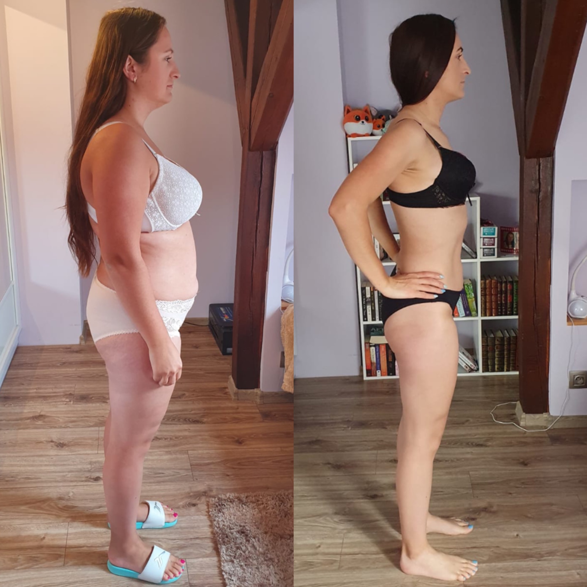 Kolaż przedstawiający sylwetkę kobiety z profilu przed i po zmianie wagi, ukazujący różnicę w obwodzie talii i ogólnej budowie ciała, z widocznymi detalami bielizny i otoczenia domowego.