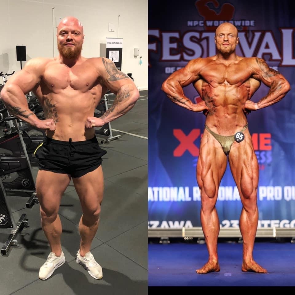 Mężczyzna przed i po treningu: po lewej w czarnych spodenkach i białych butach na tle siłowni, po prawej opalony w stroju startowym na scenie konkursu kulturystycznego.