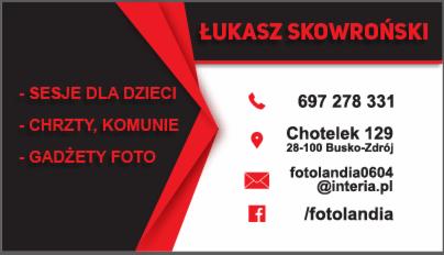 Wizytówka fotografa Łukasza Skowrońskiego z ofertą sesji dla dzieci, chrztów, komunii i gadżetów foto, zawierająca numer telefonu, adres i dane kontaktowe.
