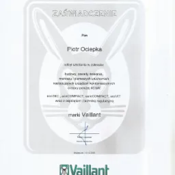 Skan zaświadczenia o ukończeniu szkolenia z zakresu budowy, działania i montażu urządzeń kondensacyjnych marki Vaillant, wydane dla Piotra Ociepki w Krakowie, 13.12.2018.