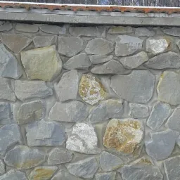 Fragment kamiennego muru z jasnoszarych nieregularnych kamieni, zwieńczonego betonowym elementem i rzędem dachówek, w tle nagie drzewa.