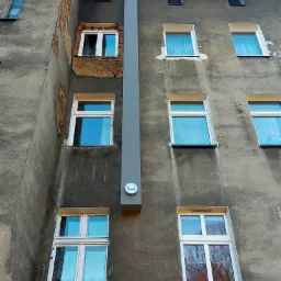 Szary budynek wielorodzinny z widoczną instalacją wentylacyjną na elewacji i oknami, z których jedno jest nowe, a inne wymagają renowacji.