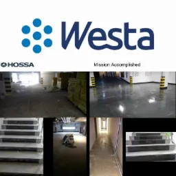 Kompozycja zdjęć przedstawiająca etapy prac: przed i po, z logo firmy Westa-Hossa, pokazująca odnowione posadzki w garażu podziemnym, korytarzu i na schodach.