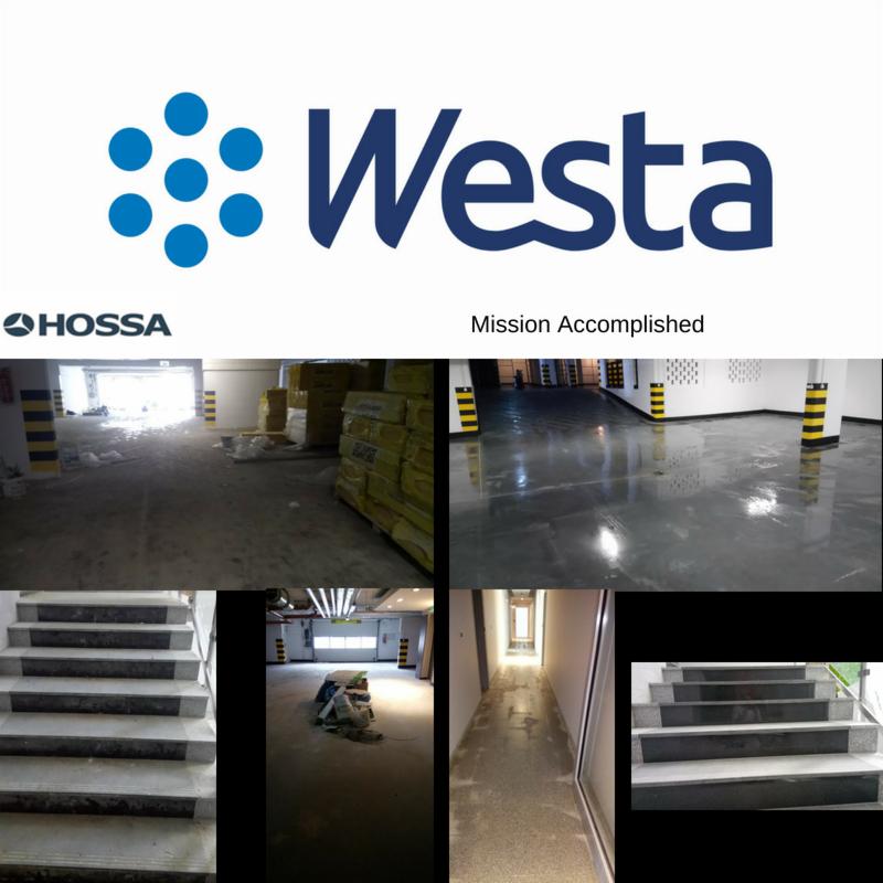 Kompozycja zdjęć przedstawiająca etapy prac: przed i po, z logo firmy Westa-Hossa, pokazująca odnowione posadzki w garażu podziemnym, korytarzu i na schodach.