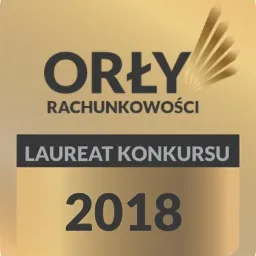 Złota odznaka 'Orły Rachunkowości' dla laureata konkursu z rokiem 2018, symbolizująca wysoką jakość usług finansowych.