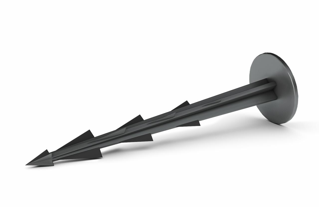 Czarny plastikowy kołek do mocowania agrowłókniny lub siatki, z okrągłą główką i trzpieniem z trzema parami zadziorów, leżący na białym tle.