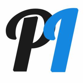 Stylizowane logo firmy z czarnym, kursywnym symbolem przypominającym literę 'P' oraz niebieską cyfrą '1' po prawej stronie, na białym tle.