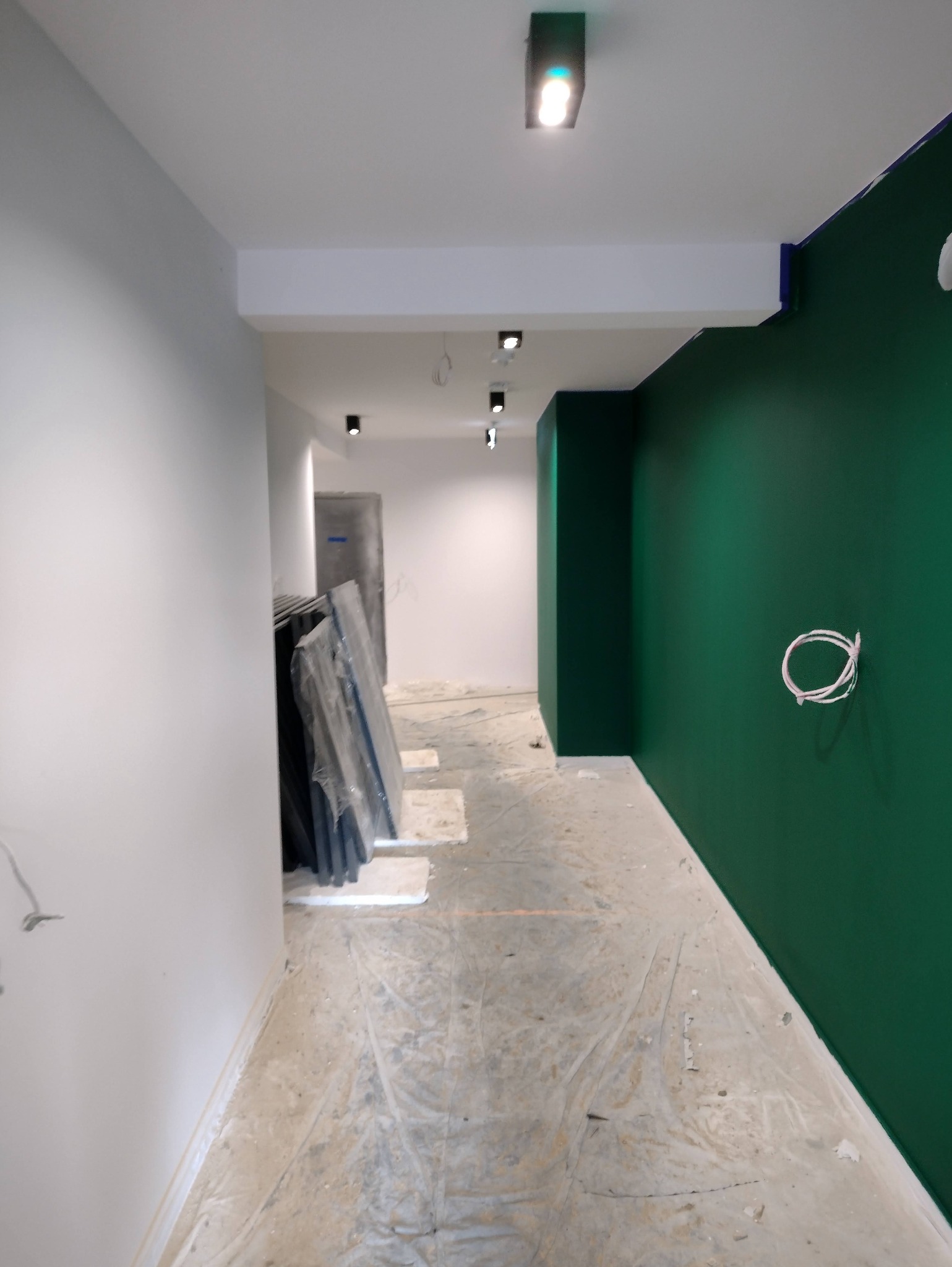 Korytarz w trakcie prac wykończeniowych: świeżo pomalowana ściana w odcieniach zieleni, widoczne kable, podłoga zabezpieczona folią, przygotowane płyty.
