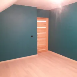 Pomieszczenie na poddaszu z ukośną ścianą, świeżo pomalowane na ciemny odcień zieleni, z drewnianą podłogą i jasnymi drzwiami z poziomymi przeszkleniami.