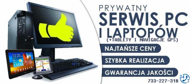 Komputer stacjonarny, monitor z kciukiem w górę, tablet, nawigacja GPS i klawiatura obok reklamy serwisu PC i laptopów z gwarancją jakości