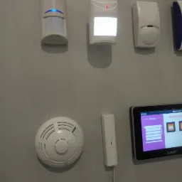 Różne czujniki alarmowe i panel sterowania systemem bezpieczeństwa zamontowane na szarej ścianie, w tym czujnik ruchu z niebieską diodą, czujnik dymu i kontroler z ekranem dotykowym.