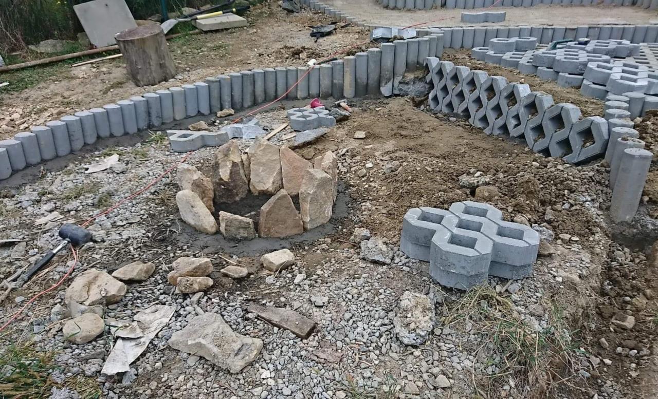 Niedokończona ścieżka z betonowych obrzeży i ażurowych płyt, z paleniskiem z kamieni w centrum, młotek i sznurek wyznaczają granice, etap prac ziemnych.
