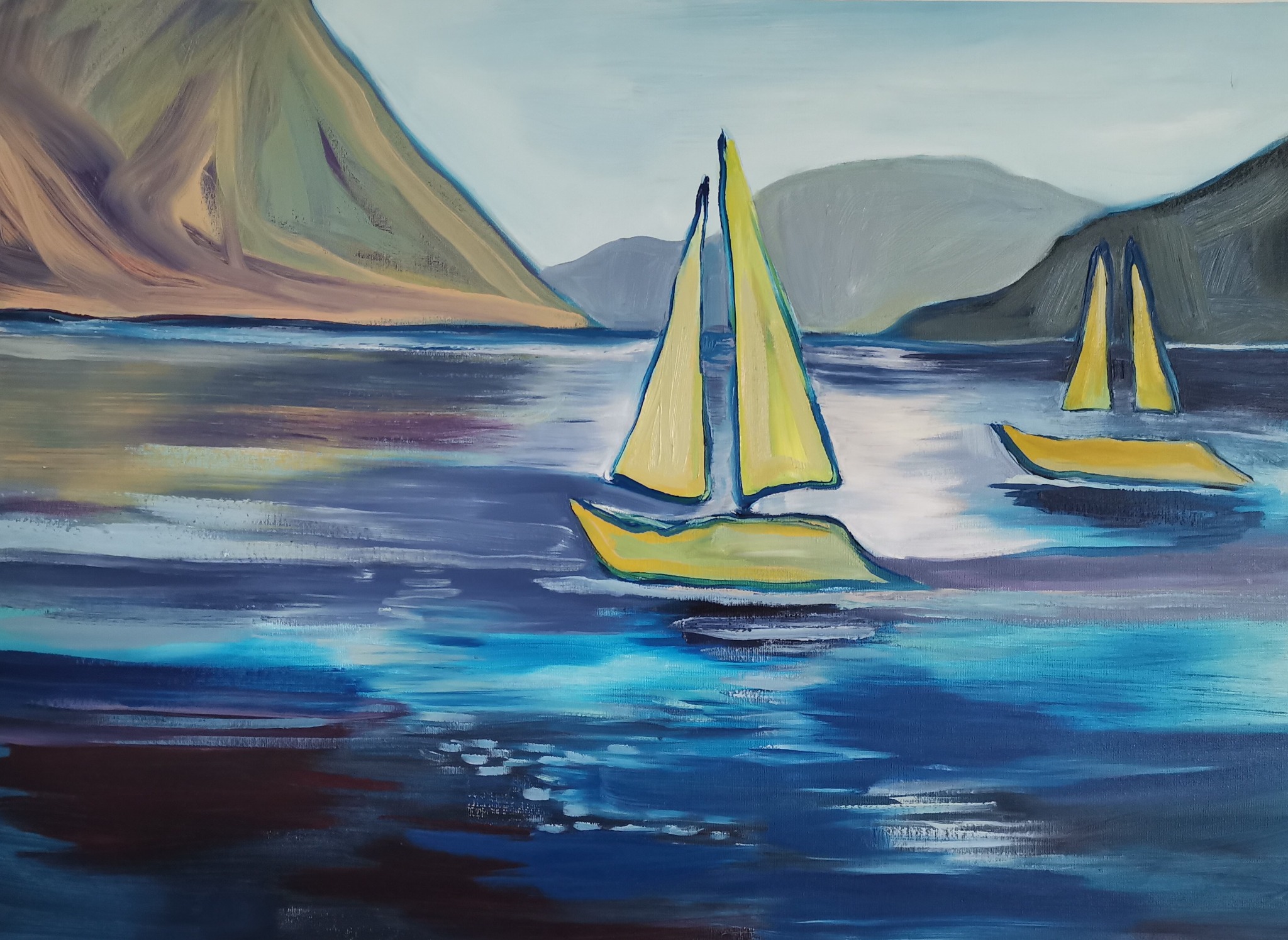 Pejzaż olejny przedstawiający dwa żaglowce na tle gór, wykonany w Glincz. Obraz charakteryzuje się ekspresyjnymi pociągnięciami pędzla i stonowaną paletą barw z przewagą błękitów i zieleni.
