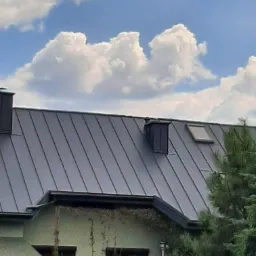 Szary dach z blachy na domu jednorodzinnym w Jurkowie, widoczne komin, okno dachowe i fragment elewacji porośniętej bluszczem, na tle błękitnego nieba z obłokami.