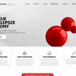 Strona internetowa agencji interaktywnej VirtualMedia z menu nawigacyjnym i sekcjami usług: Strony Internetowe, Sklepy Internetowe, Pozycjonowanie, Kreacja, z czerwonymi kulami w tle.