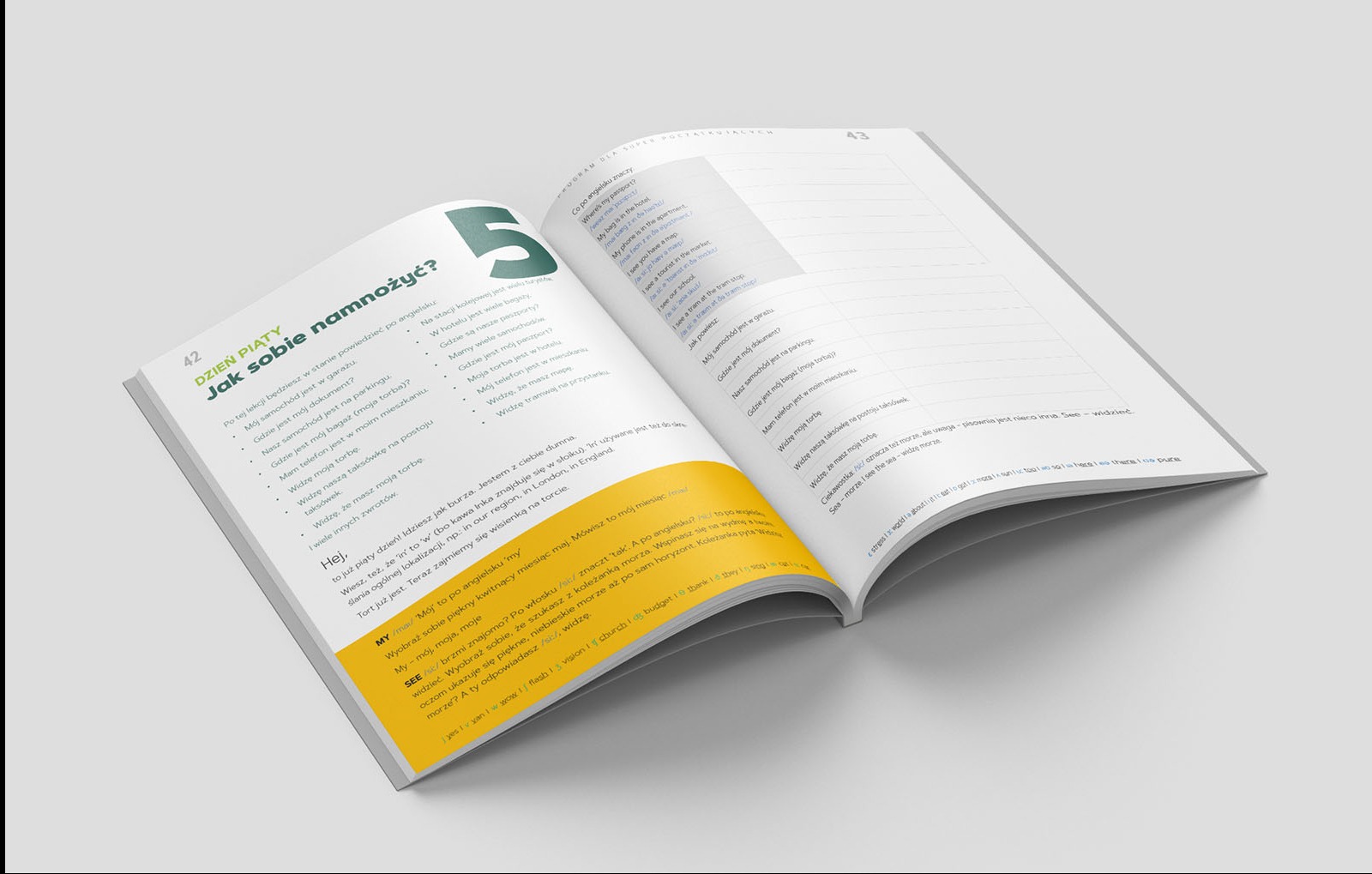 Otwarte strony książki do nauki języka angielskiego, z tekstem w języku polskim i angielskim, z widocznymi numerami stron 42 i 43, leżąca na białym tle.