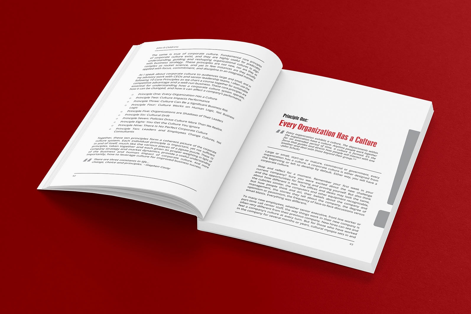 Open book with text about corporate culture, focusing on the principle that every organization has a culture, with a quote by John Schultz.