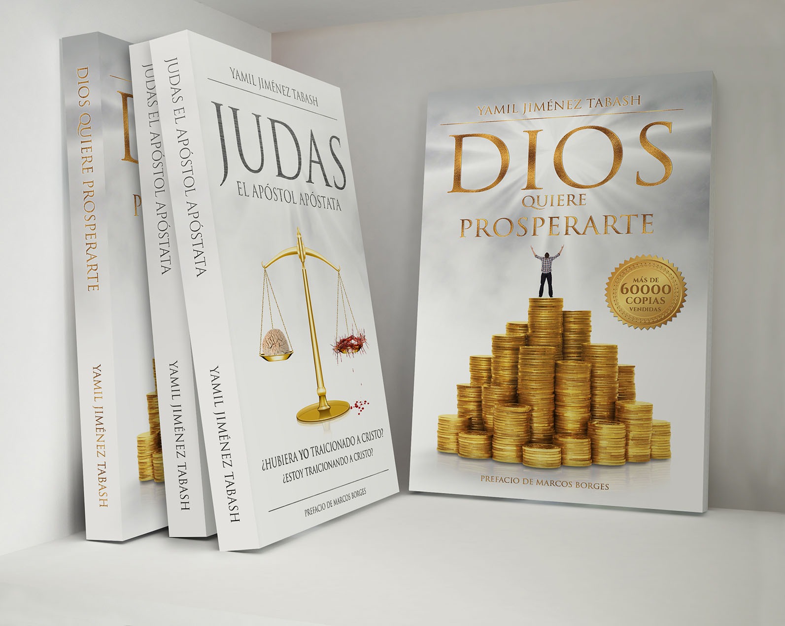 Okładki trzech książek autora Yamila Jiméneza Tabasha. Dwie okładki z tytułem 'Judas el Apostol Apostata' z grafiką wagi szalkowej z mózgiem i koroną cierniową. Trzecia okładka z tytułem 'Dios...