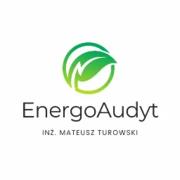 Logo firmy EnergoAudyt z zielonym symbolem liścia z błyskawicą w okręgu, podpisane imieniem i nazwiskiem inżyniera Mateusza Turowskiego.