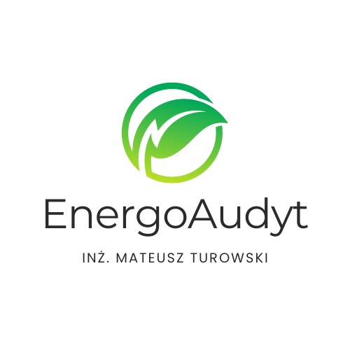 Logo firmy EnergoAudyt z zielonym symbolem liścia z błyskawicą w okręgu, podpisane imieniem i nazwiskiem inżyniera Mateusza Turowskiego.