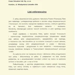 Skan listu referencyjnego od firmy Crean Solusion Ltd. z Krakowa, datowany na 30 marca 2018 r., polecający Kancelarię Prawno-Finansową Fides za rzetelne i profesjonalne usługi ubezpieczeniowe.